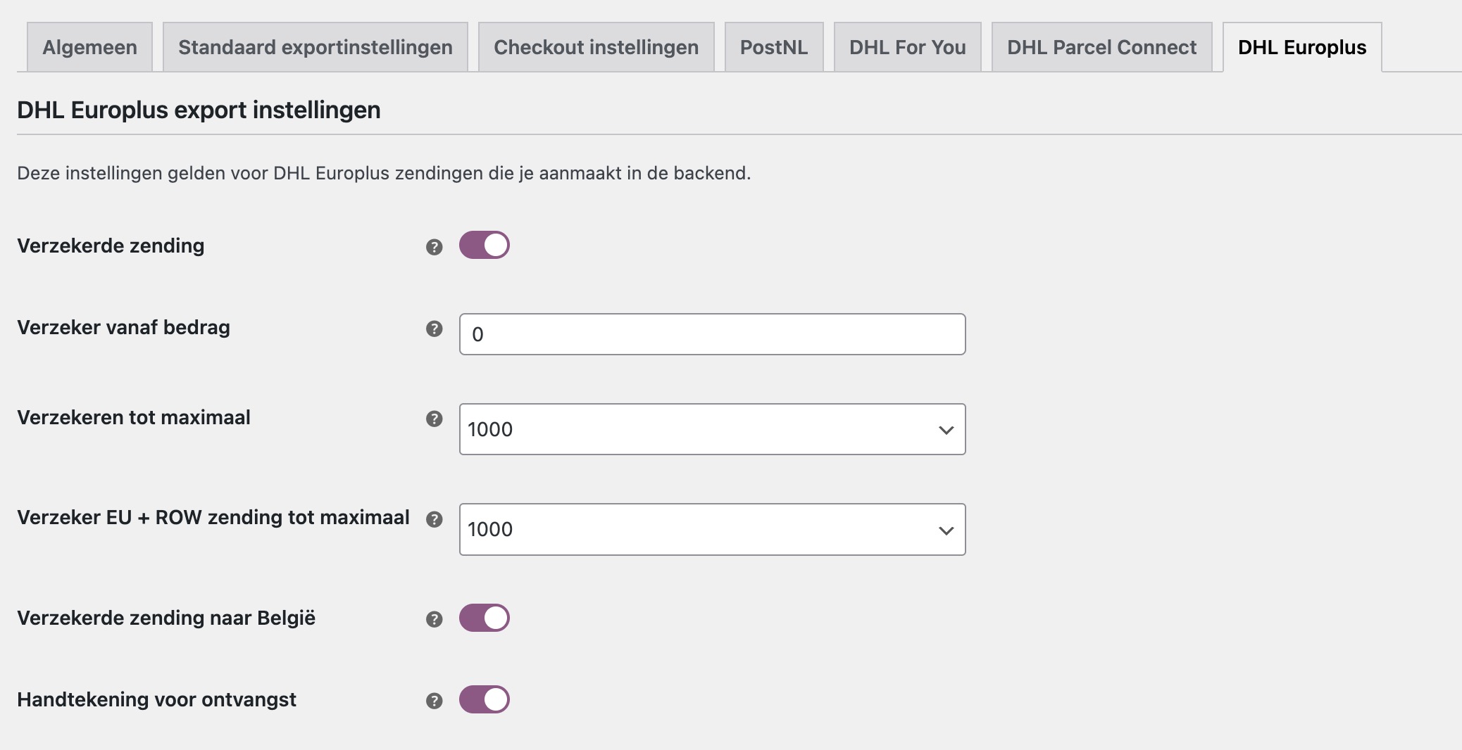 WooCommerce DHL Europlus exportinstellingen
