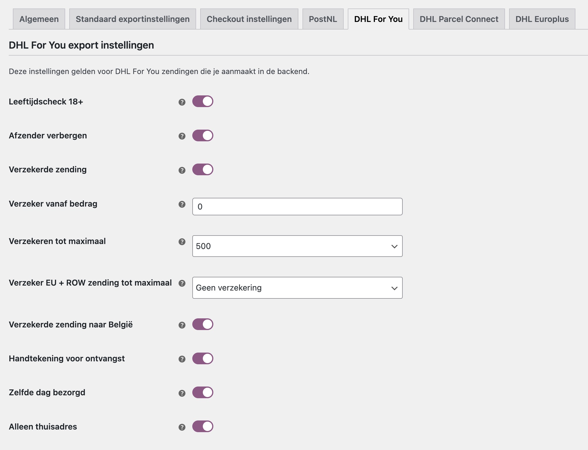 WooCommerce DHL For You exportinstellingen