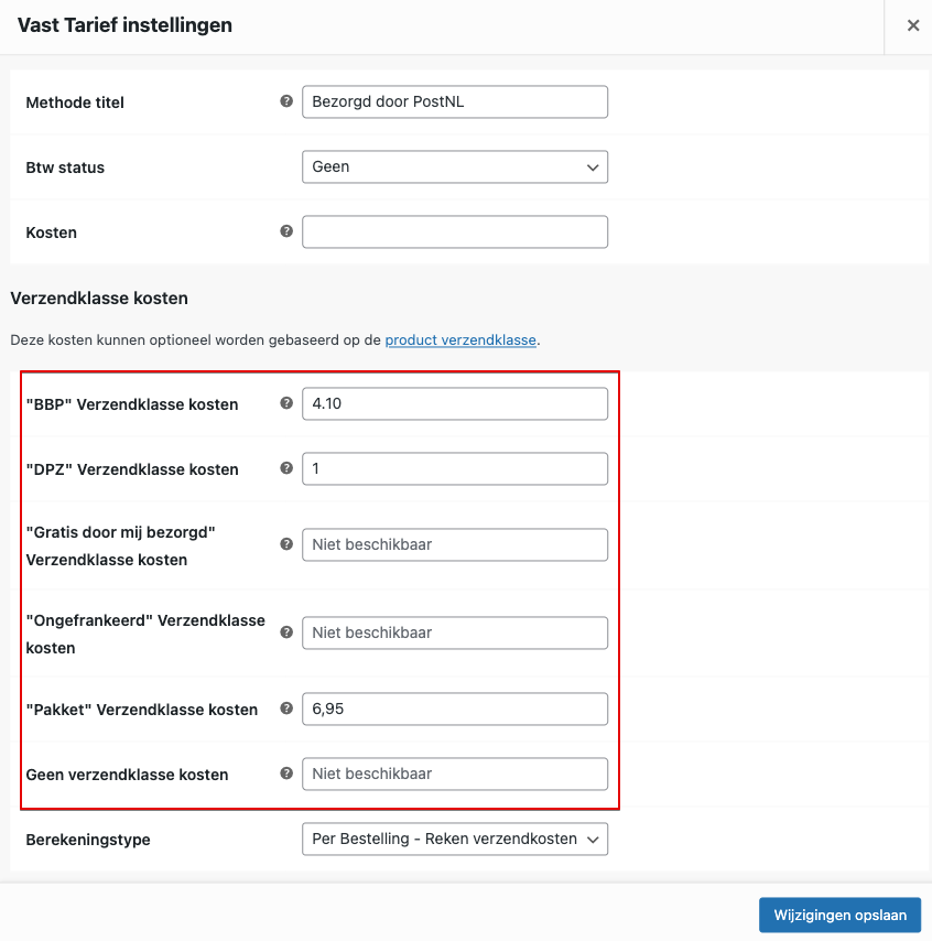 WooCommerce mailbox verzendklasse prijzen