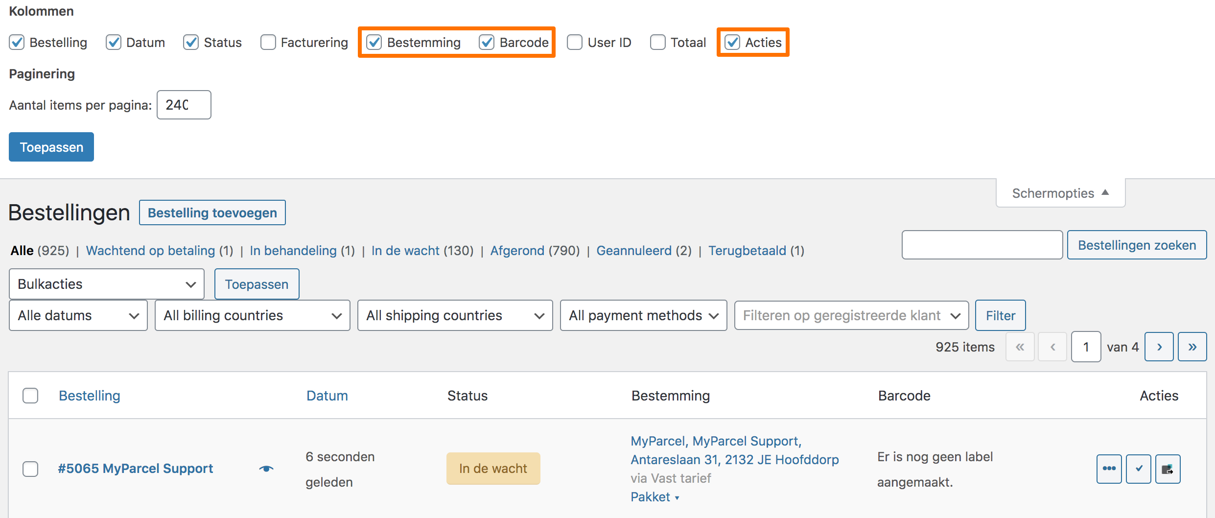WooCommerce order overzicht acties