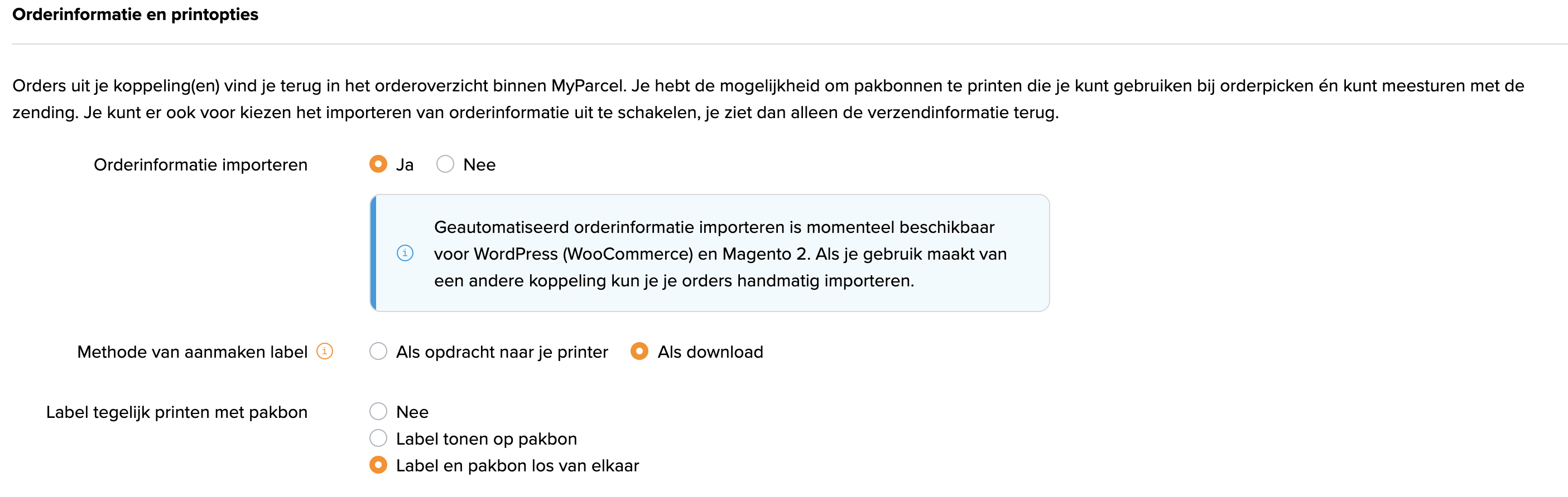 MyParcel orderbeheer instelling